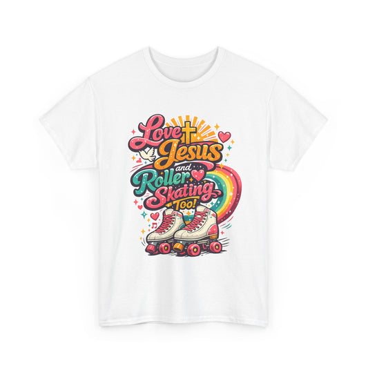 Love Jesus and Roller Skating T-Shirt, Retro Graphic, Rainbow Roller Skates Christian Tee