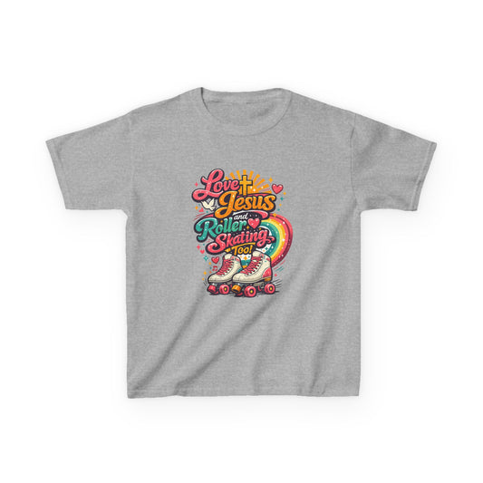 Love Jesus and Roller Skating T-Shirt - Kids Retro Graphic Tee - Christian Skate Night Shirt