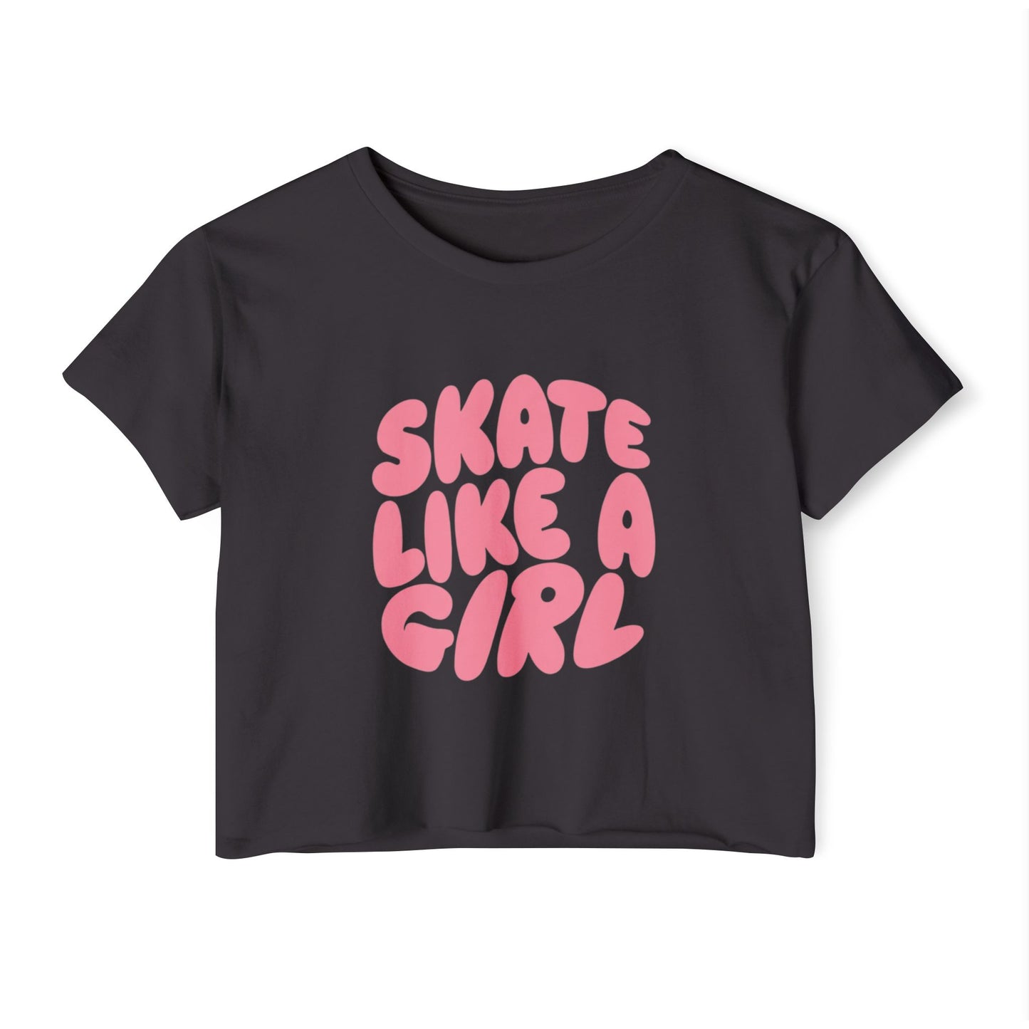Women's Roller Skating Crop Top T-Shirt - Skate Like a Girl - Bubble Letter Graphic Tee