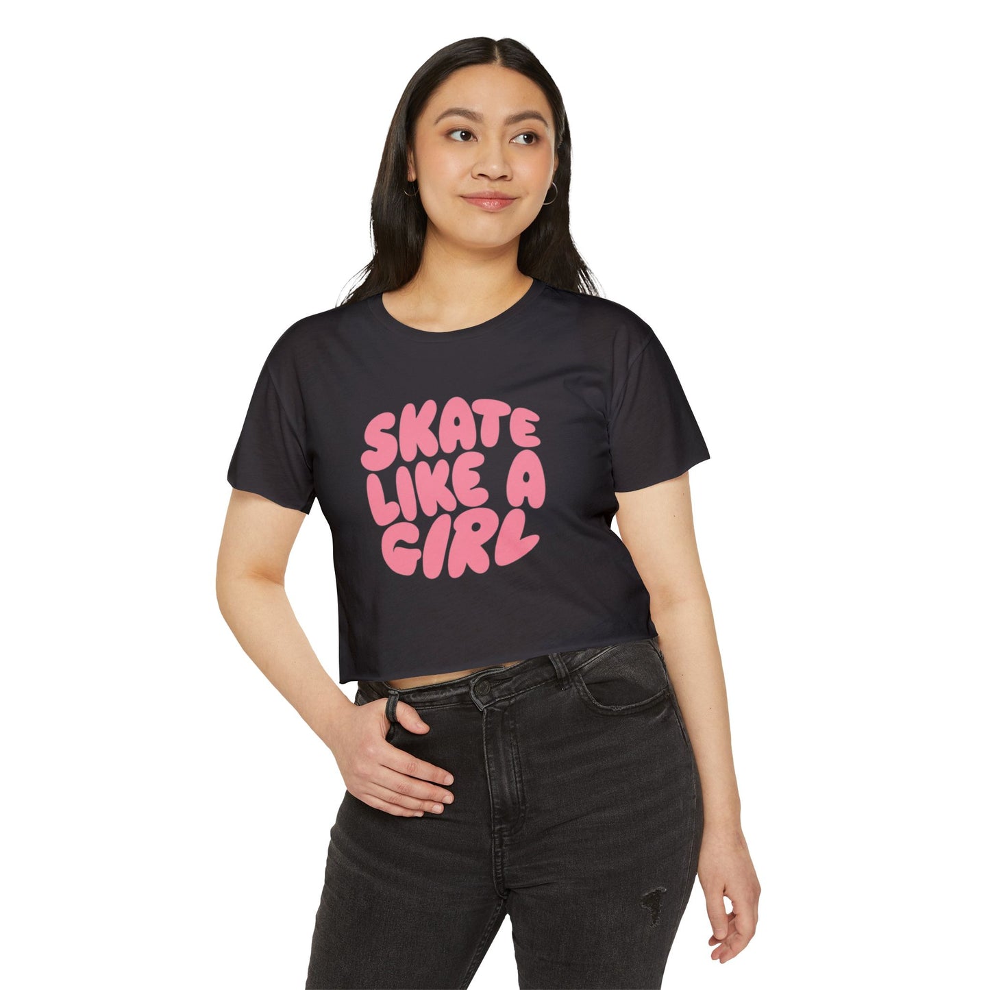 Women's Roller Skating Crop Top T-Shirt - Skate Like a Girl - Bubble Letter Graphic Tee