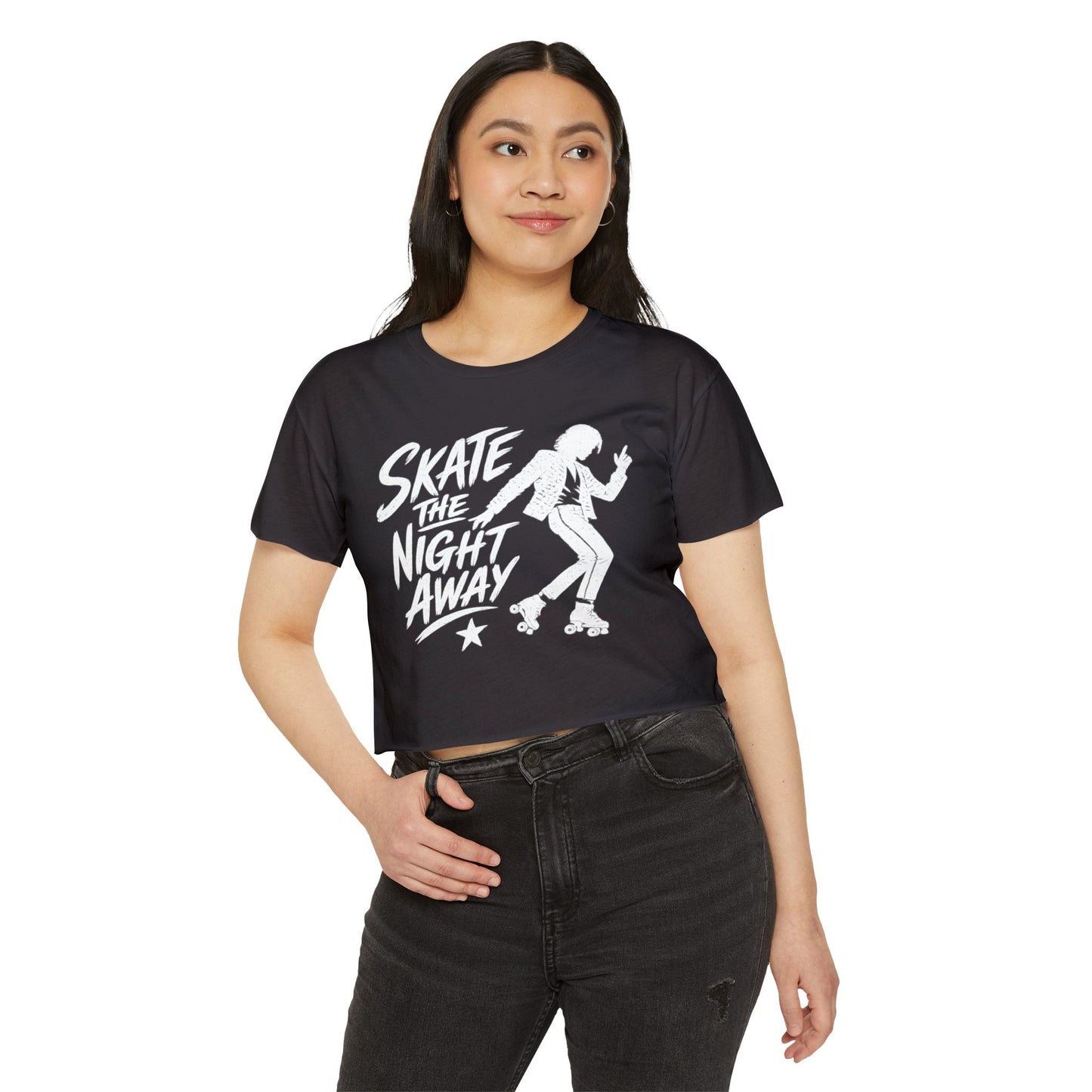 Skate The Night Away - Women's Roller Skater Crop Top - Retro Roller Disco Graphic Tee