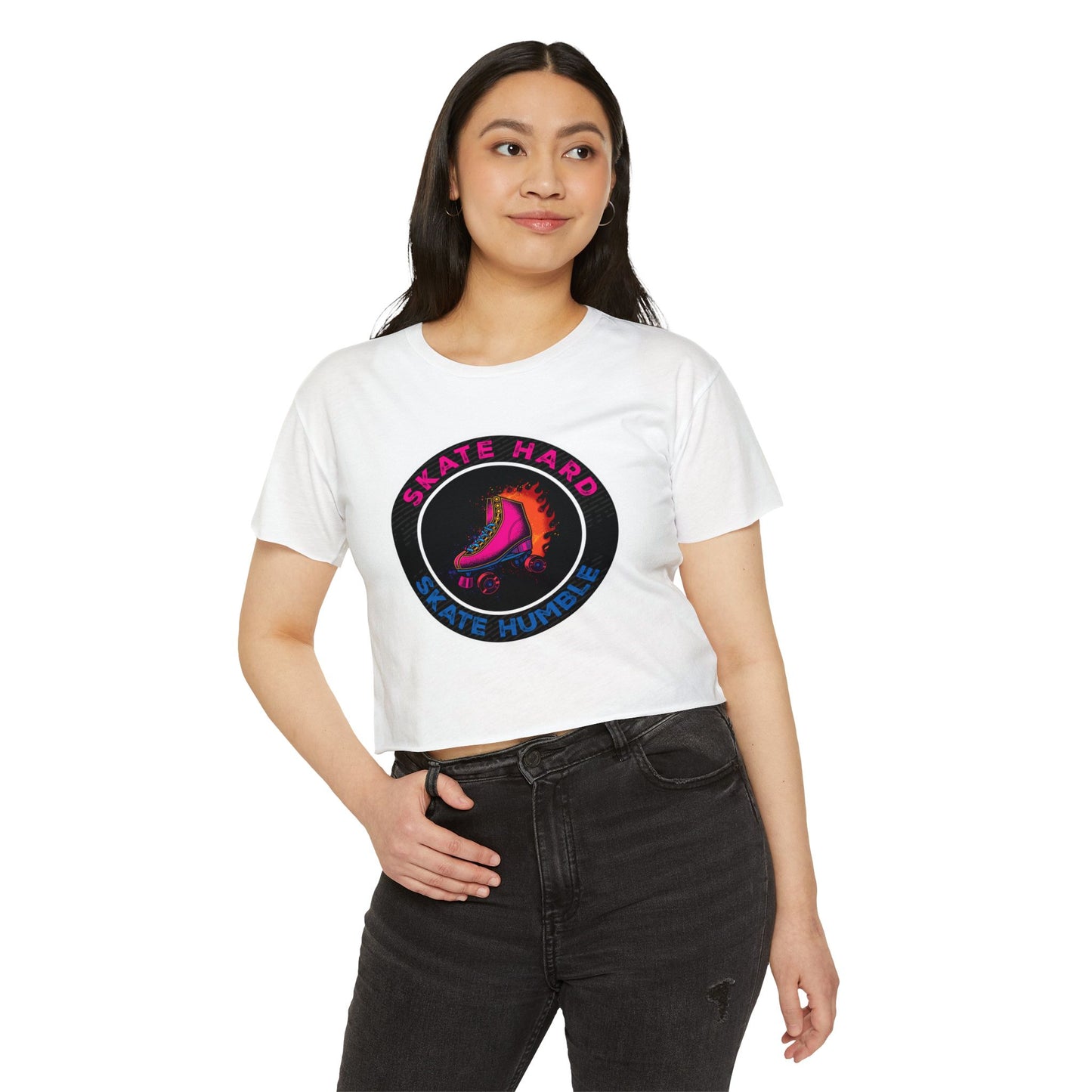 Women's Crop Top Roller Skating T-Shirt - Skate Hard Skate Humble - Graphic Streetwear, Party, Casual Tee