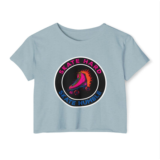Women's Crop Top Roller Skating T-Shirt - Skate Hard Skate Humble - Graphic Streetwear, Party, Casual Tee