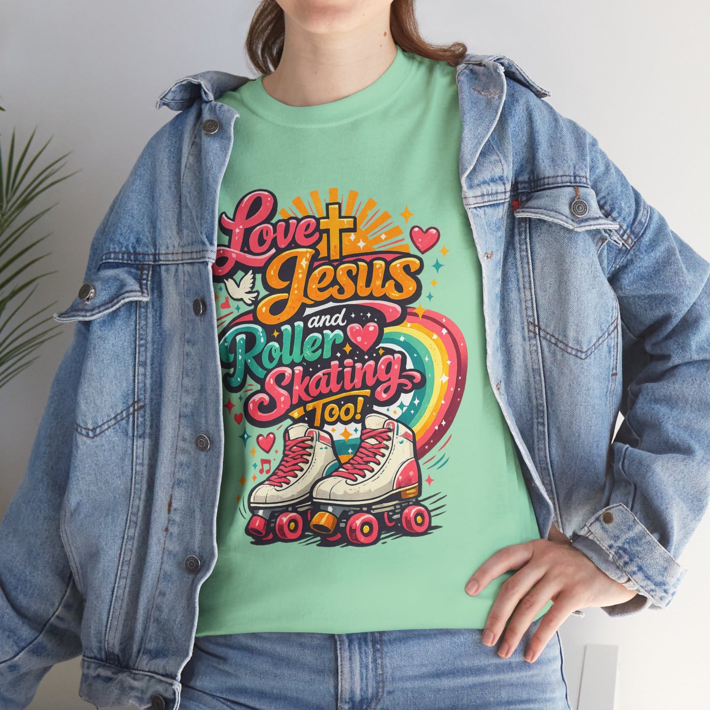 Love Jesus and Roller Skating T-Shirt, Retro Graphic, Rainbow Roller Skates Christian Tee