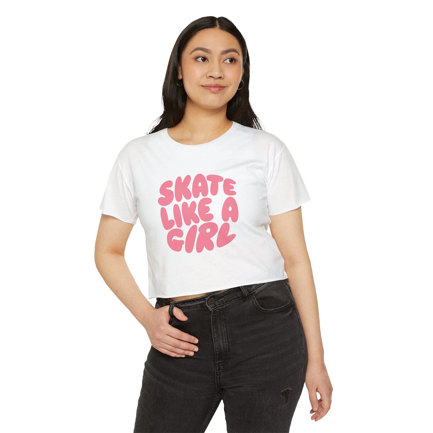 Women's Roller Skating Crop Top T-Shirt - Skate Like a Girl - Bubble Letter Graphic Tee