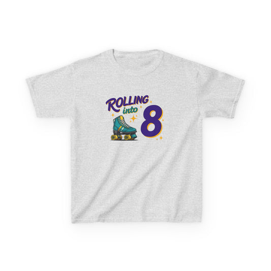 Kid's  "Rolling Into 8 " Birthday T-Shirt for 8 Year Old Child, Roller Skating Tee