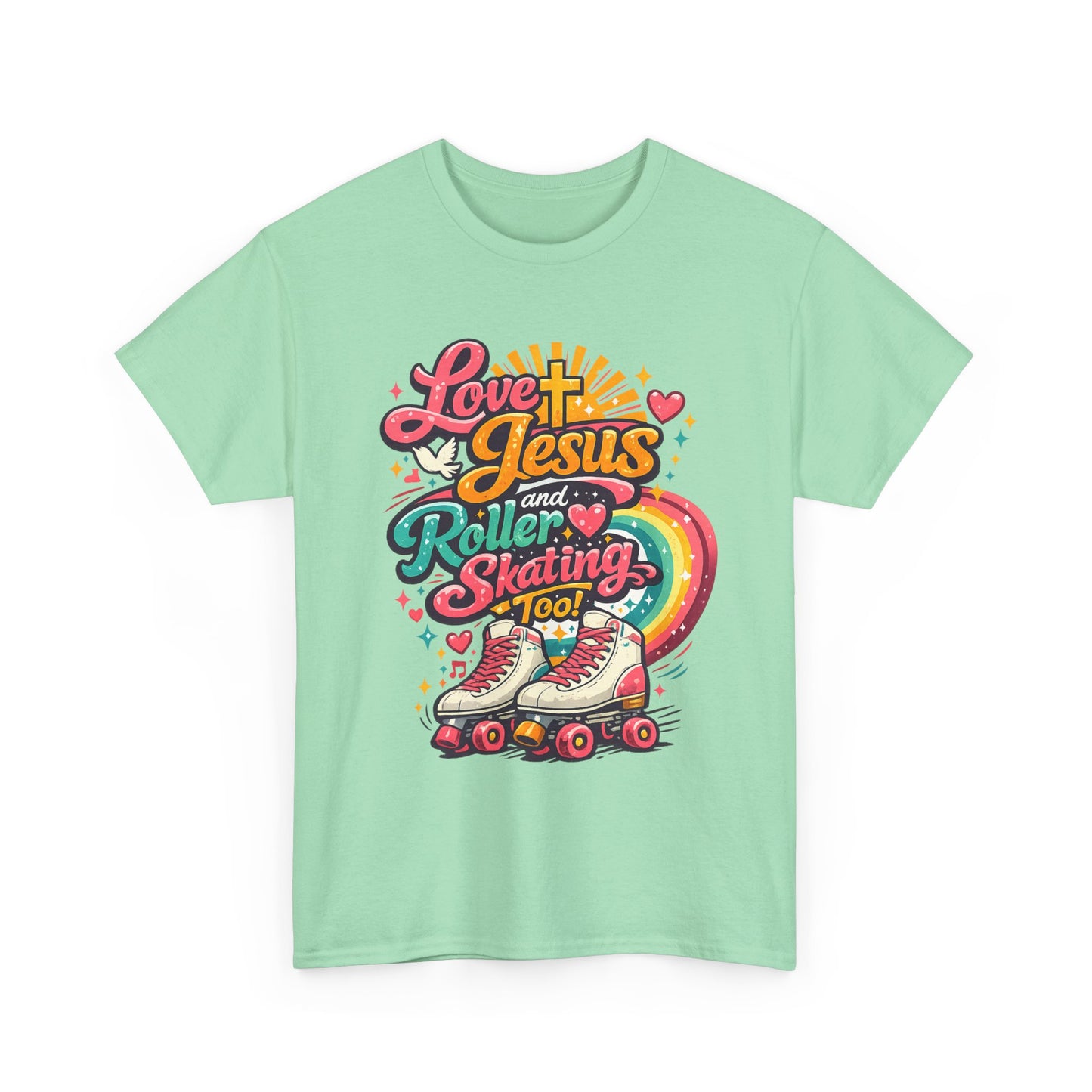 Love Jesus and Roller Skating T-Shirt, Retro Graphic, Rainbow Roller Skates Christian Tee