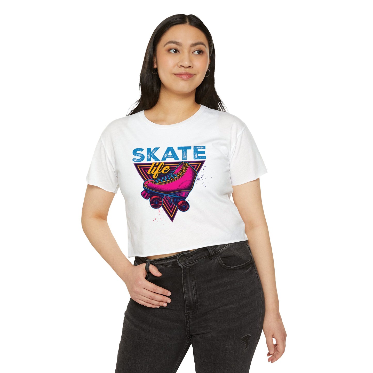 Women's Crop Top "Skate Life" Pink Graphic Roller Skating T-Shirt