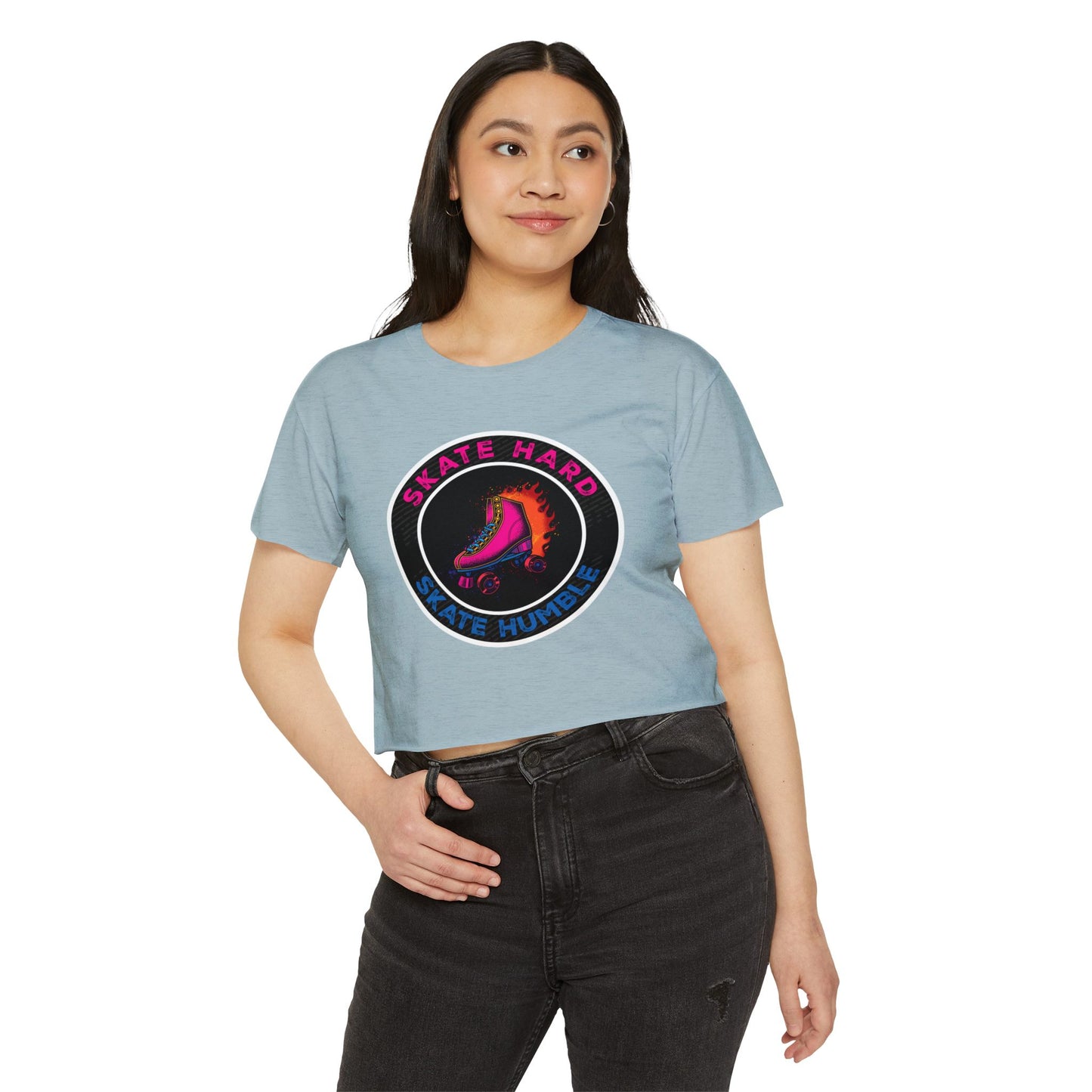 Women's Crop Top Roller Skating T-Shirt - Skate Hard Skate Humble - Graphic Streetwear, Party, Casual Tee