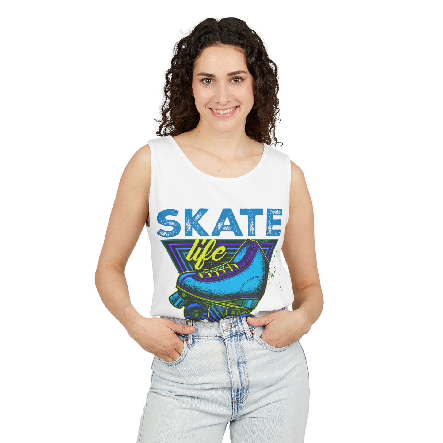 Adult Roller Skating Tank Top - Skate Life - Blue Graphic Tee for Skaters - 80s Vintage Style