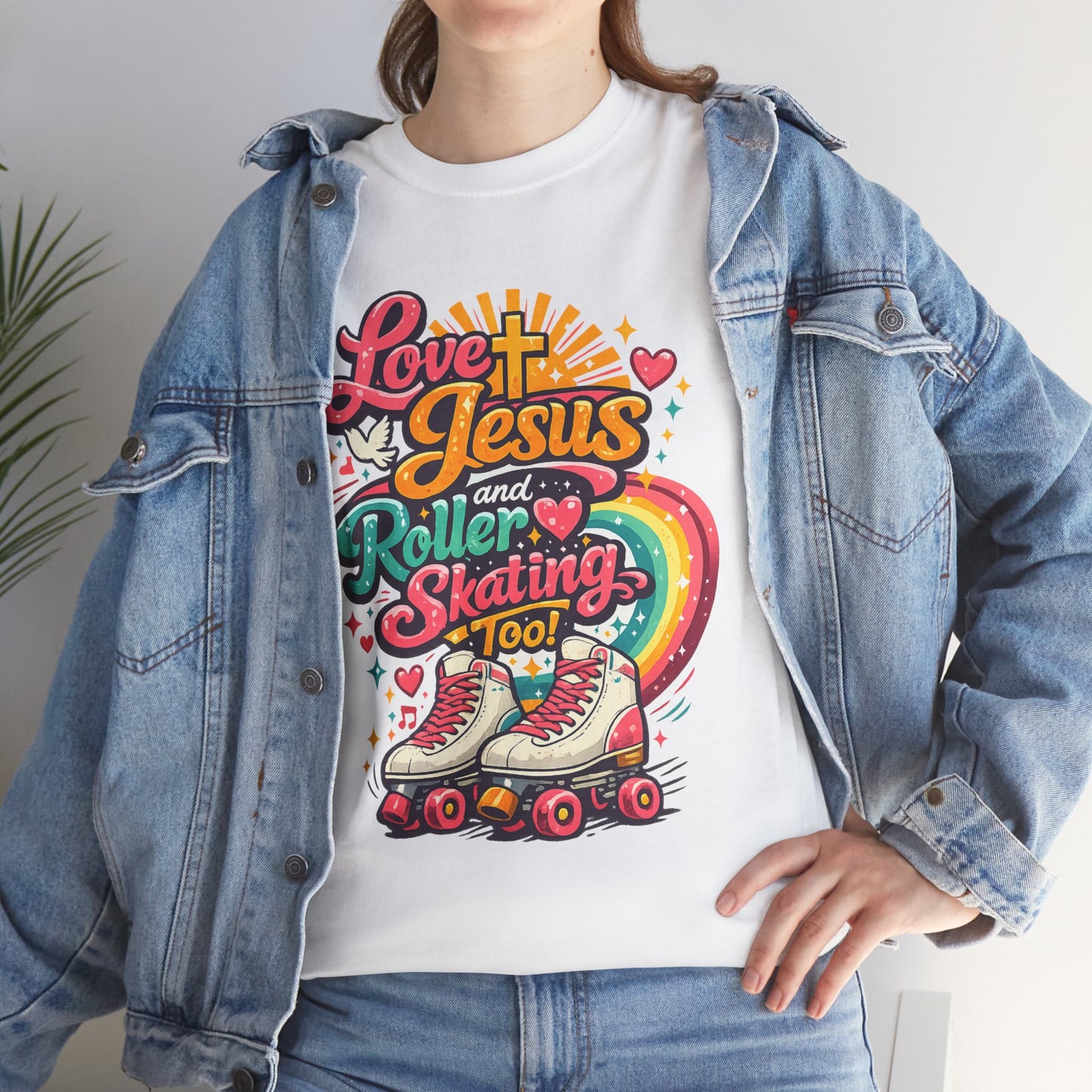 Love Jesus and Roller Skating T-Shirt, Retro Graphic, Rainbow Roller Skates Christian Tee