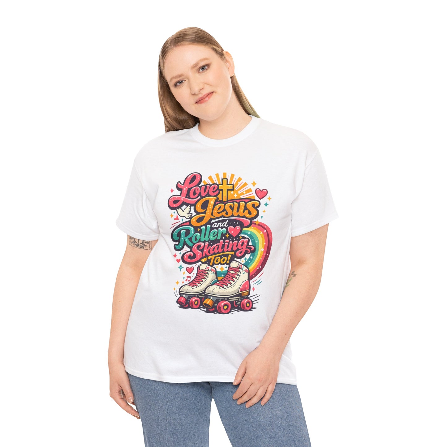 Love Jesus and Roller Skating T-Shirt, Retro Graphic, Rainbow Roller Skates Christian Tee