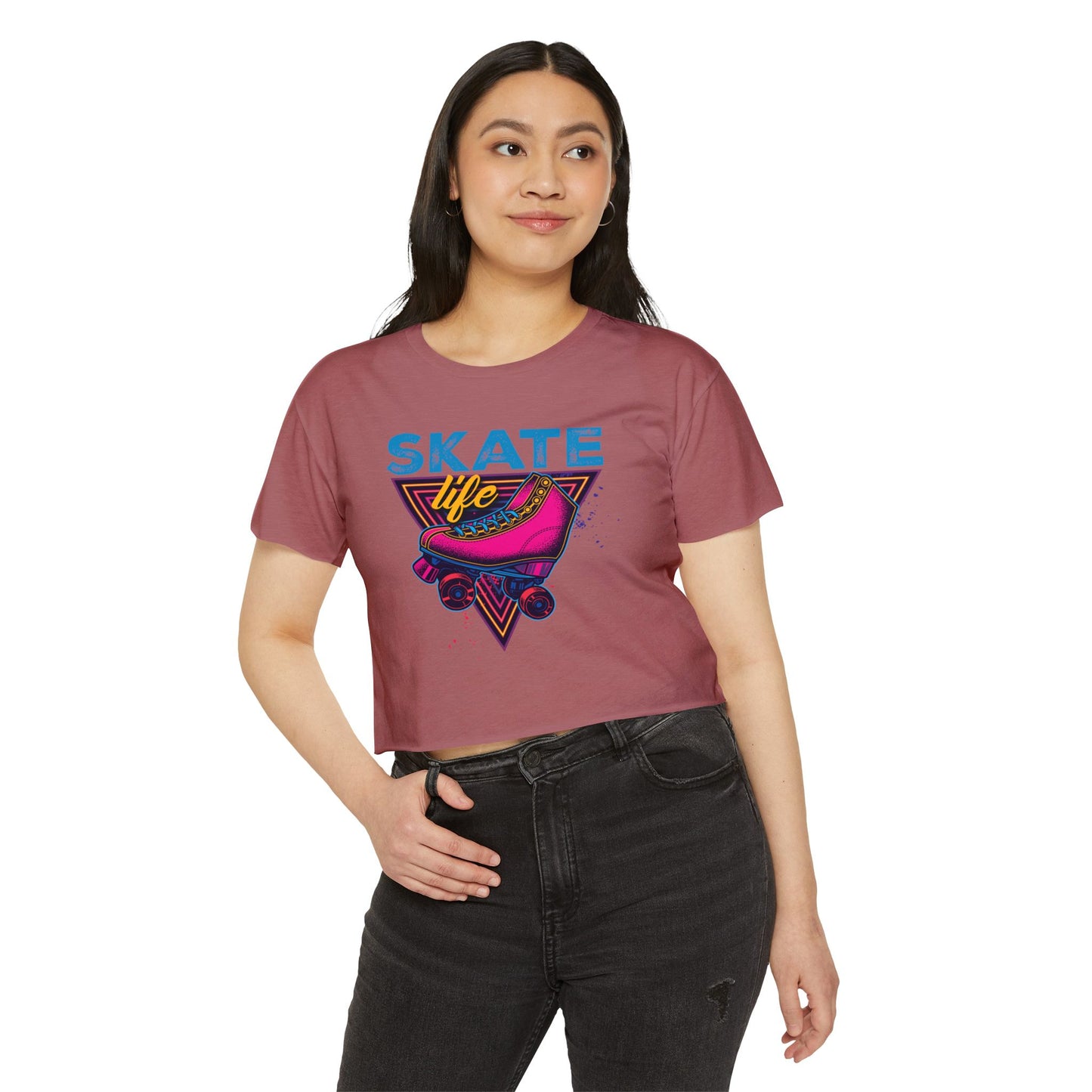 Women's Crop Top "Skate Life" Pink Graphic Roller Skating T-Shirt