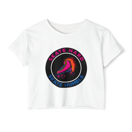 Women's Crop Top Roller Skating T-Shirt - Skate Hard Skate Humble - Graphic Streetwear, Party, Casual Tee