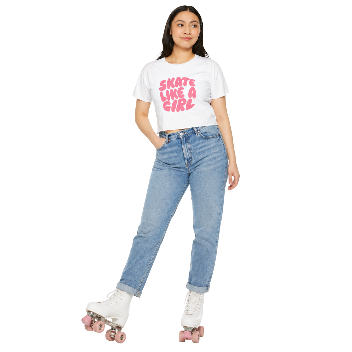 Women's Roller Skating Crop Top T-Shirt - Skate Like a Girl - Bubble Letter Graphic Tee