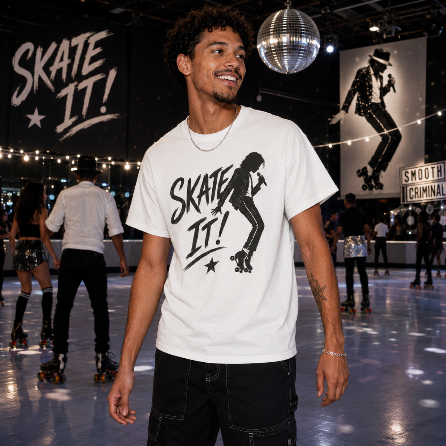 Skate the Night Away T-Shirt – Retro Roller Skating Graphic Unisex Shirt