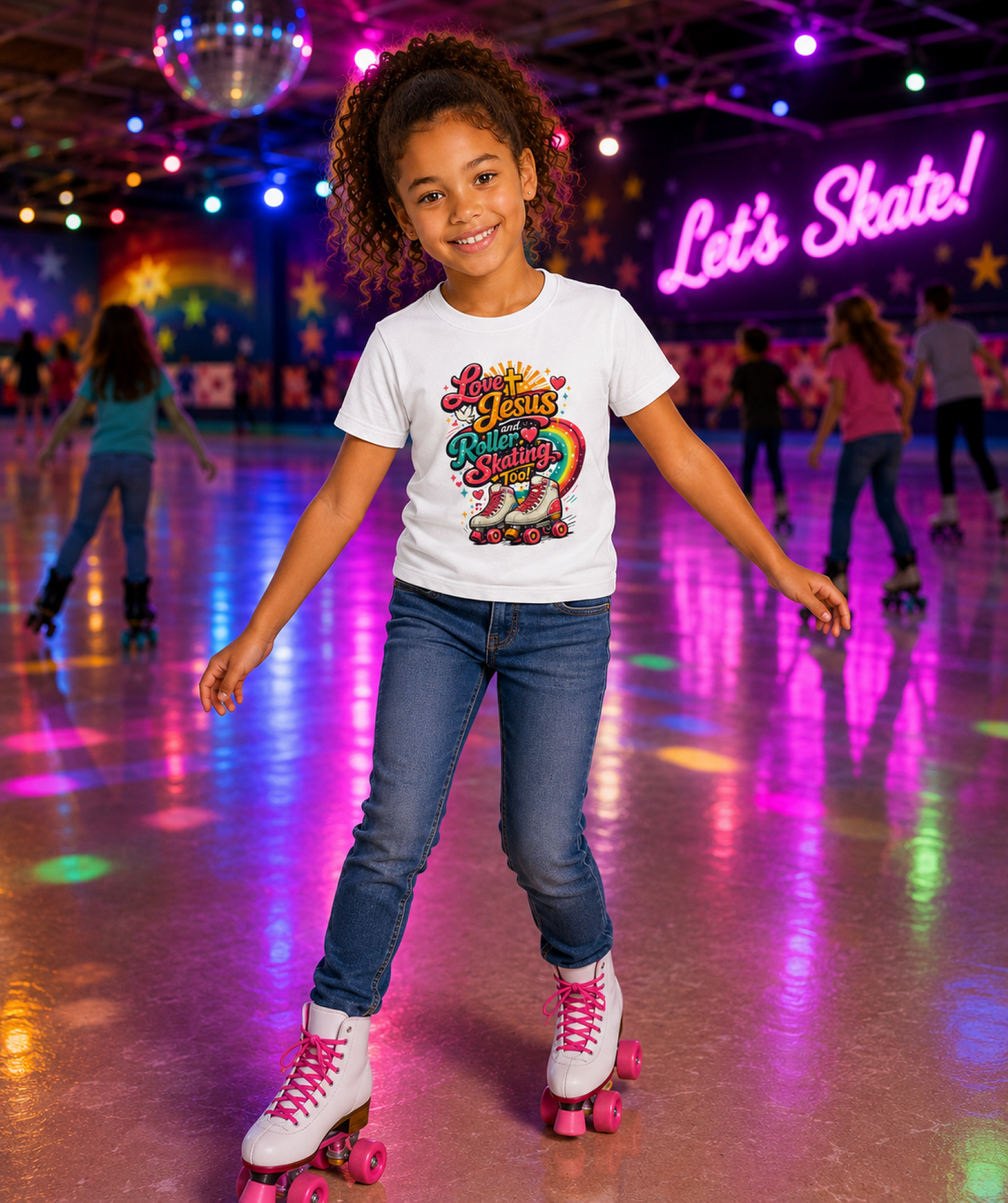 Love Jesus and Roller Skating T-Shirt - Kids Retro Graphic Tee - Christian Skate Night Shirt