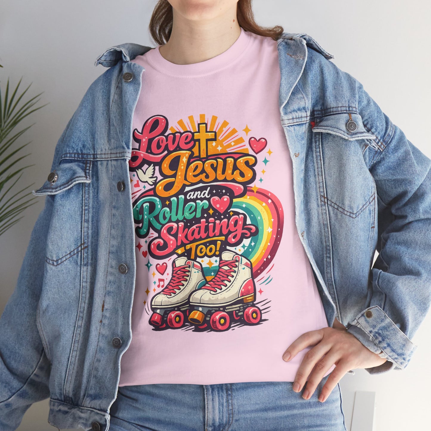 Love Jesus and Roller Skating T-Shirt, Retro Graphic, Rainbow Roller Skates Christian Tee