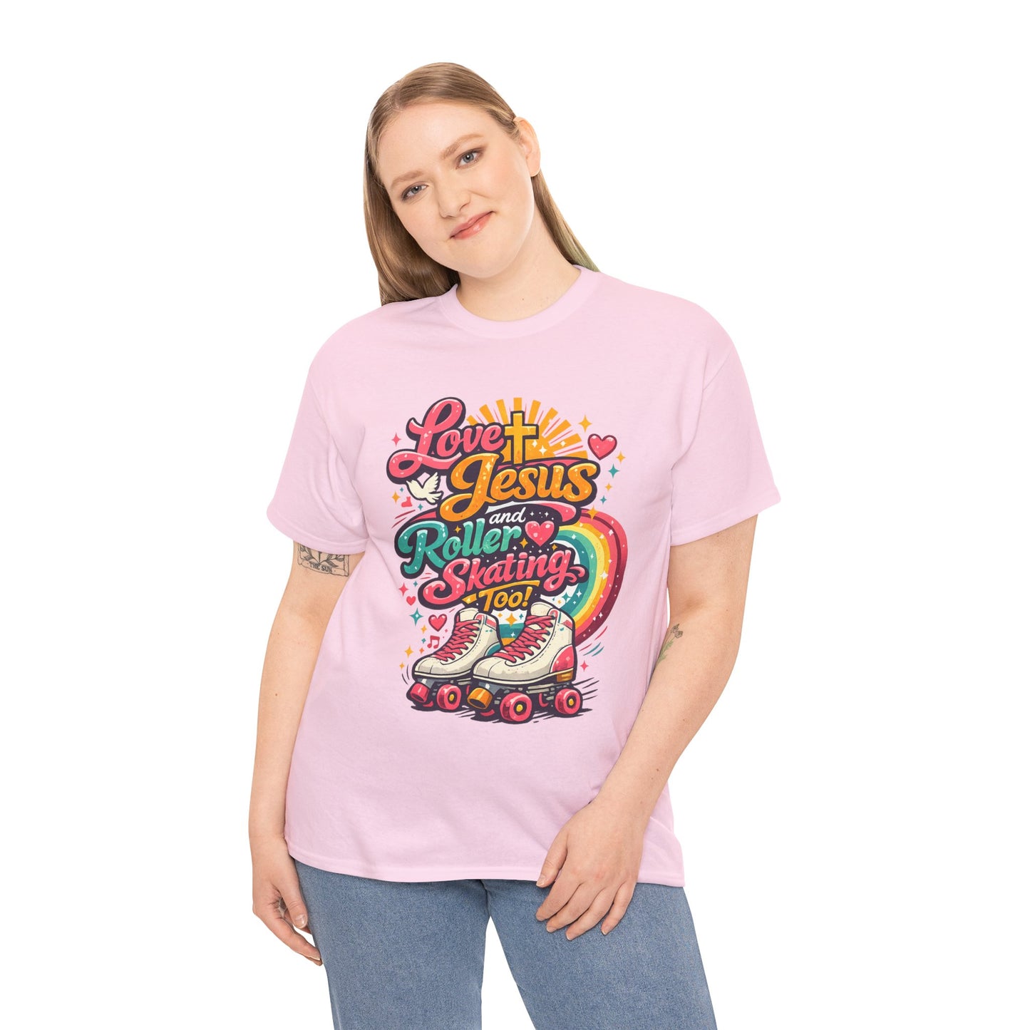 Love Jesus and Roller Skating T-Shirt, Retro Graphic, Rainbow Roller Skates Christian Tee