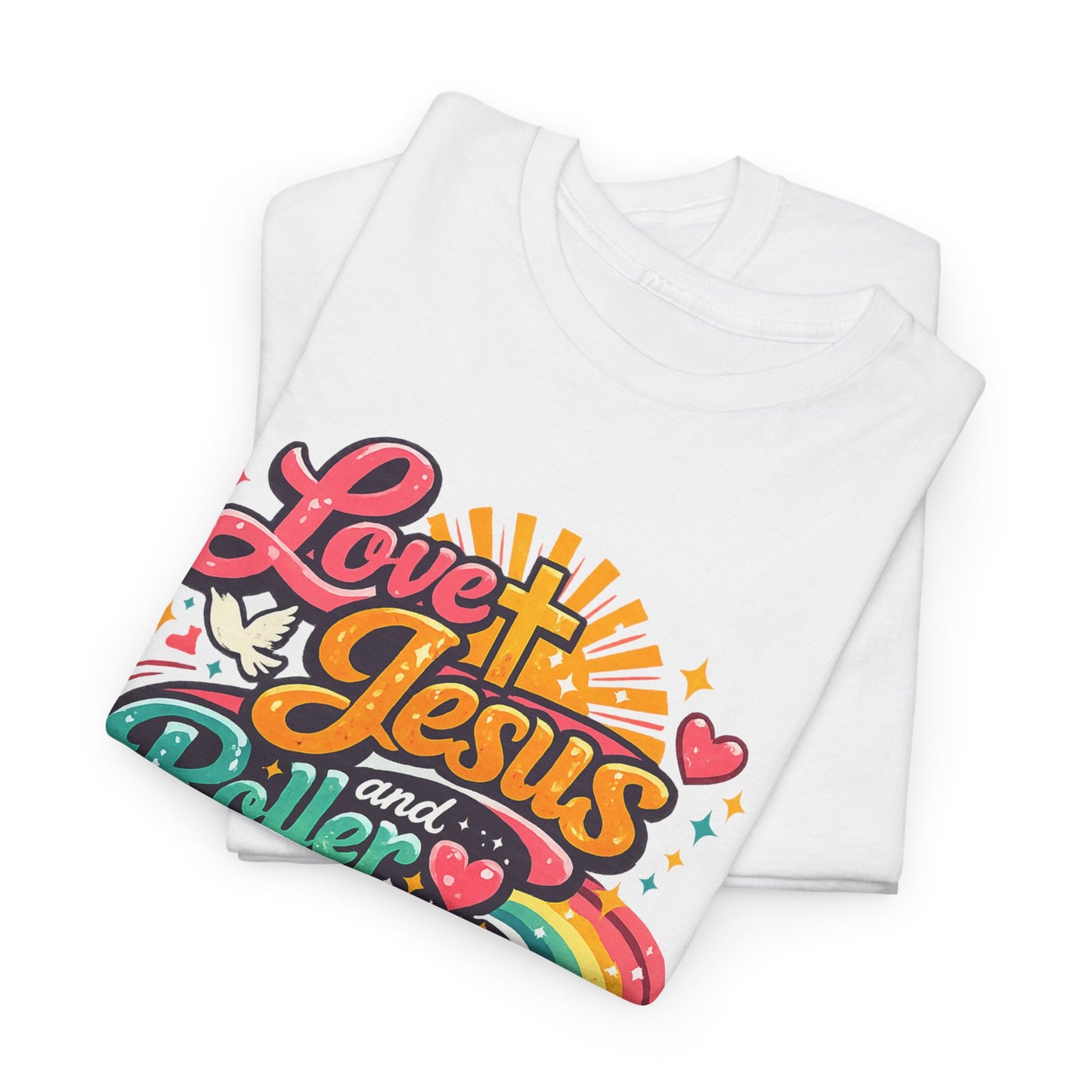 Love Jesus and Roller Skating T-Shirt, Retro Graphic, Rainbow Roller Skates Christian Tee