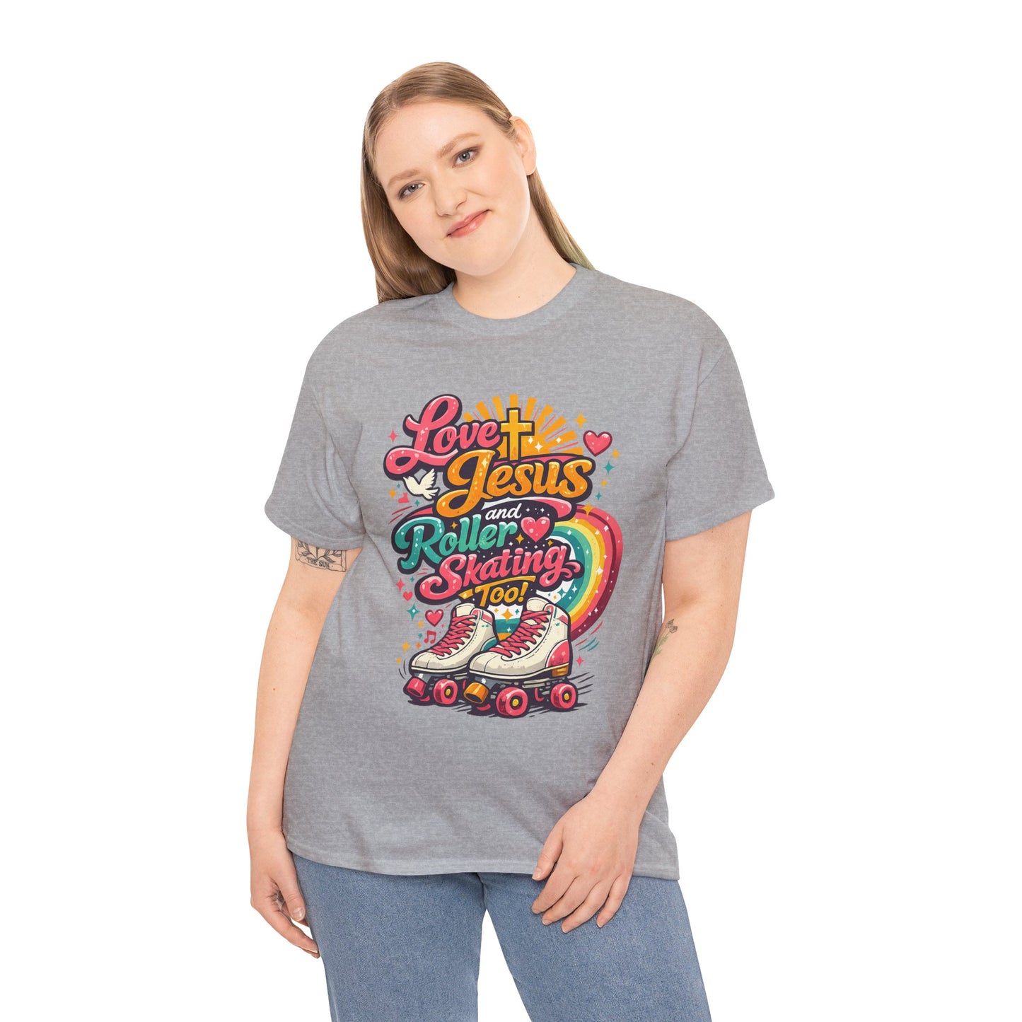 Love Jesus and Roller Skating T-Shirt, Retro Graphic, Rainbow Roller Skates Christian Tee