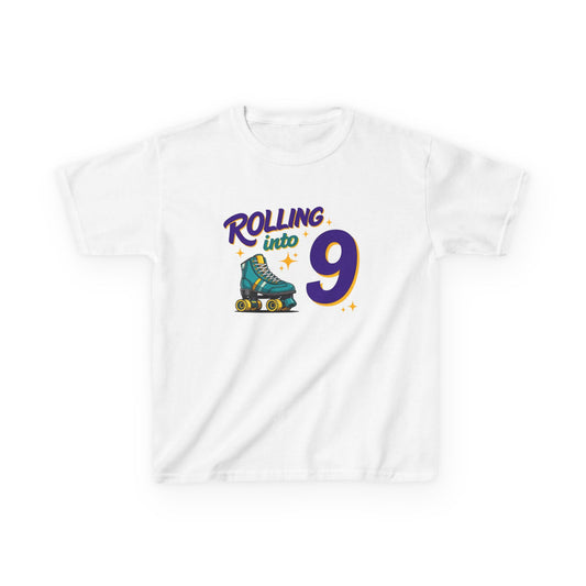 Kid's "Rolling Into 9" Birthday T-Shirt for 9 Year Old Child, Roller Skating Tee