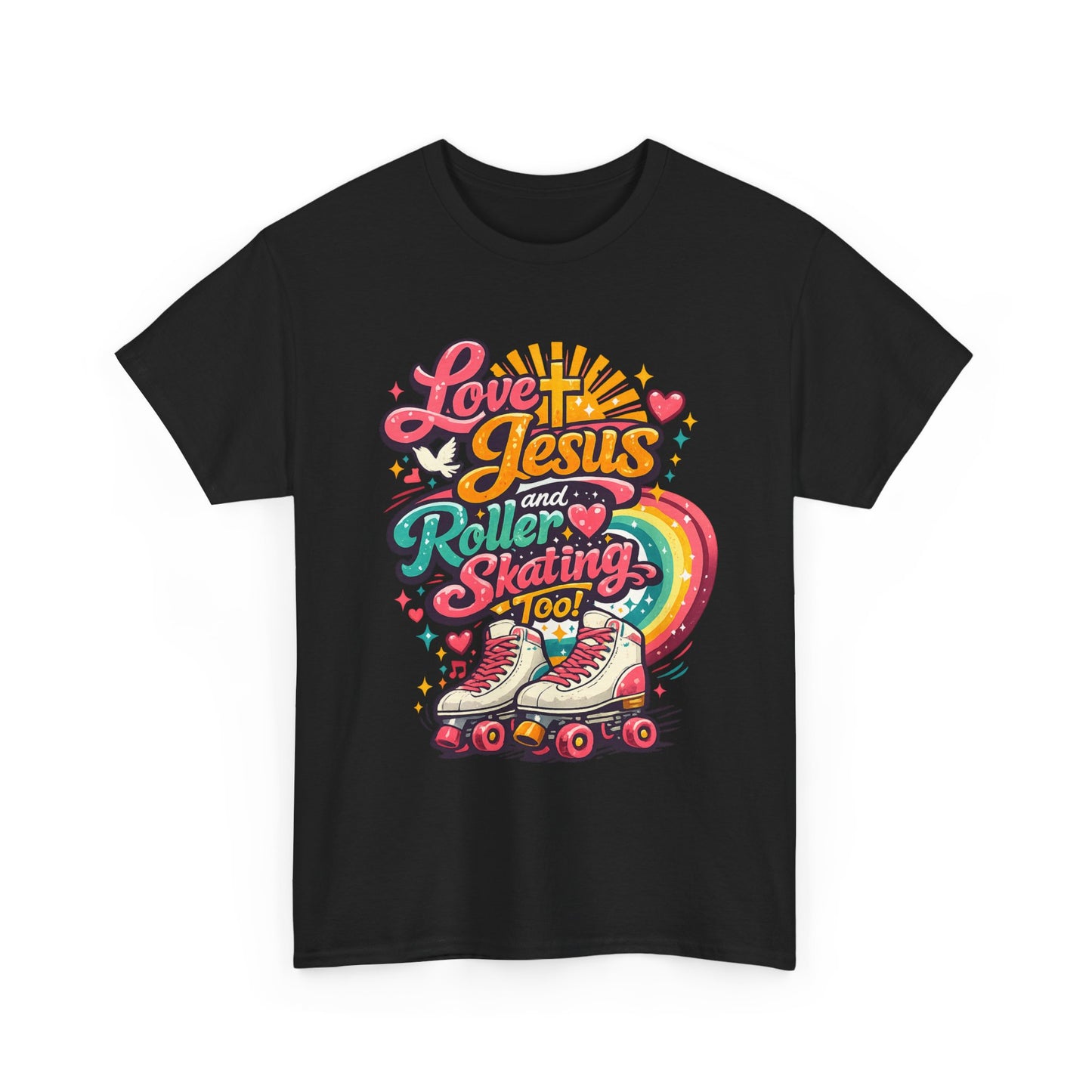 Love Jesus and Roller Skating T-Shirt, Retro Graphic, Rainbow Roller Skates Christian Tee
