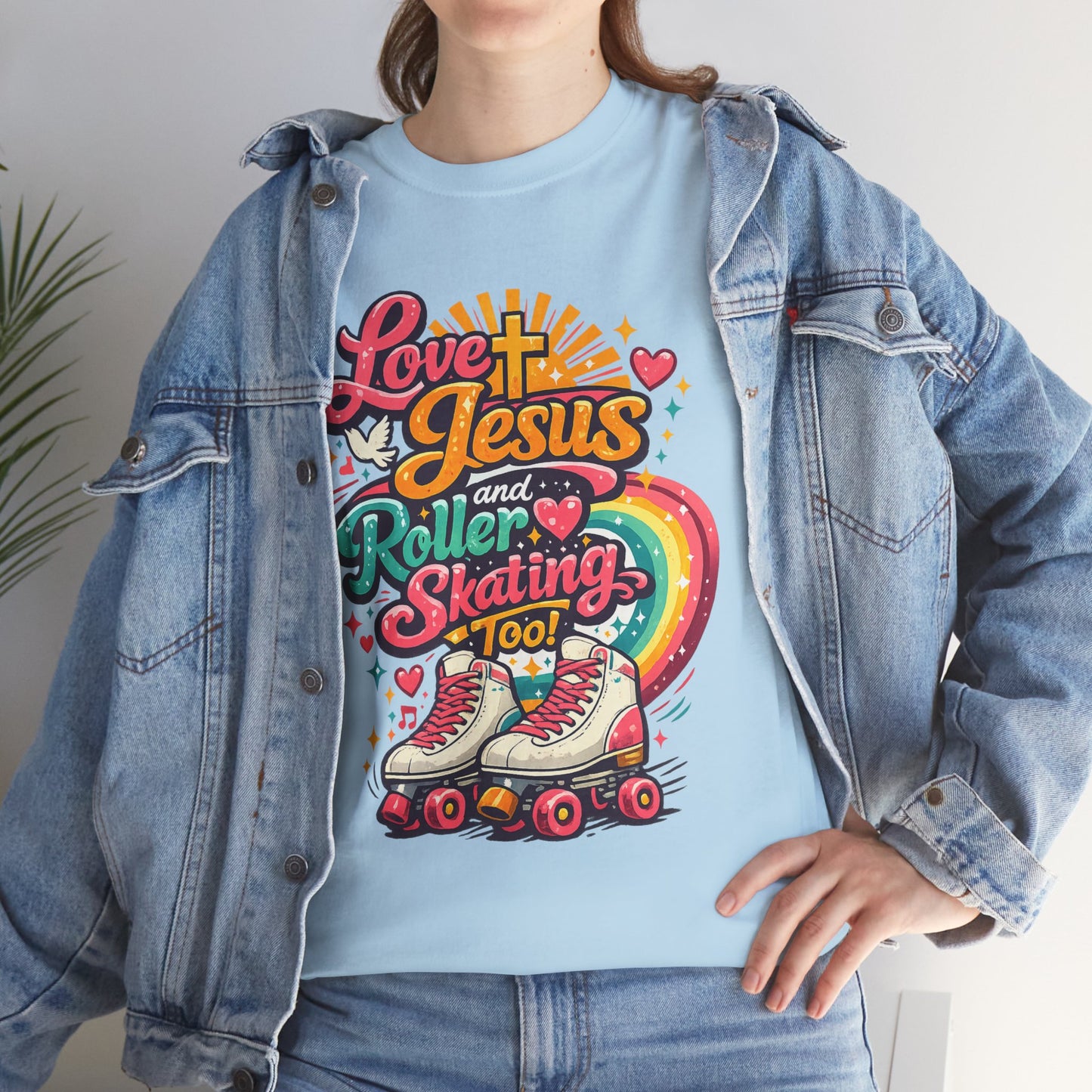 Love Jesus and Roller Skating T-Shirt, Retro Graphic, Rainbow Roller Skates Christian Tee
