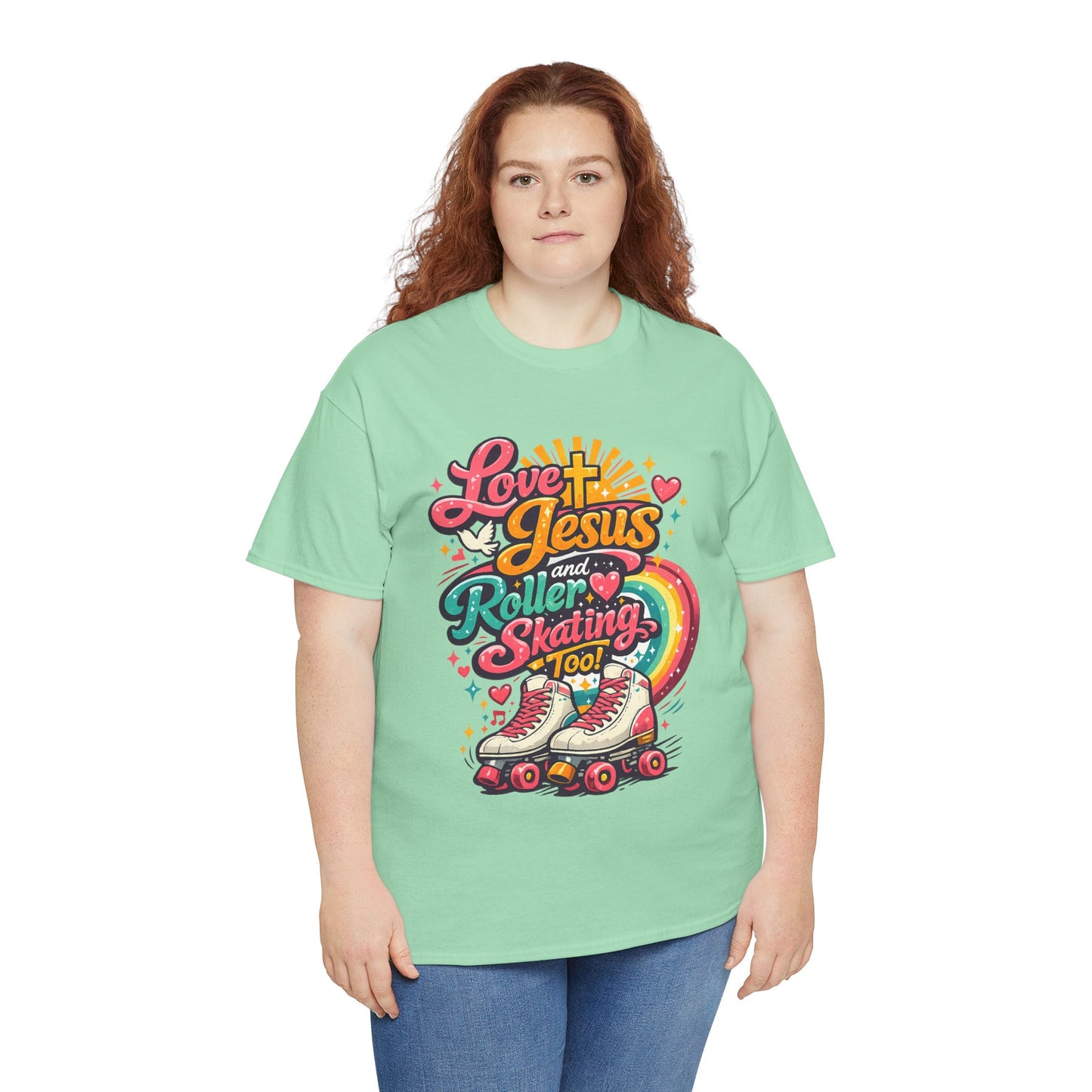Love Jesus and Roller Skating T-Shirt, Retro Graphic, Rainbow Roller Skates Christian Tee
