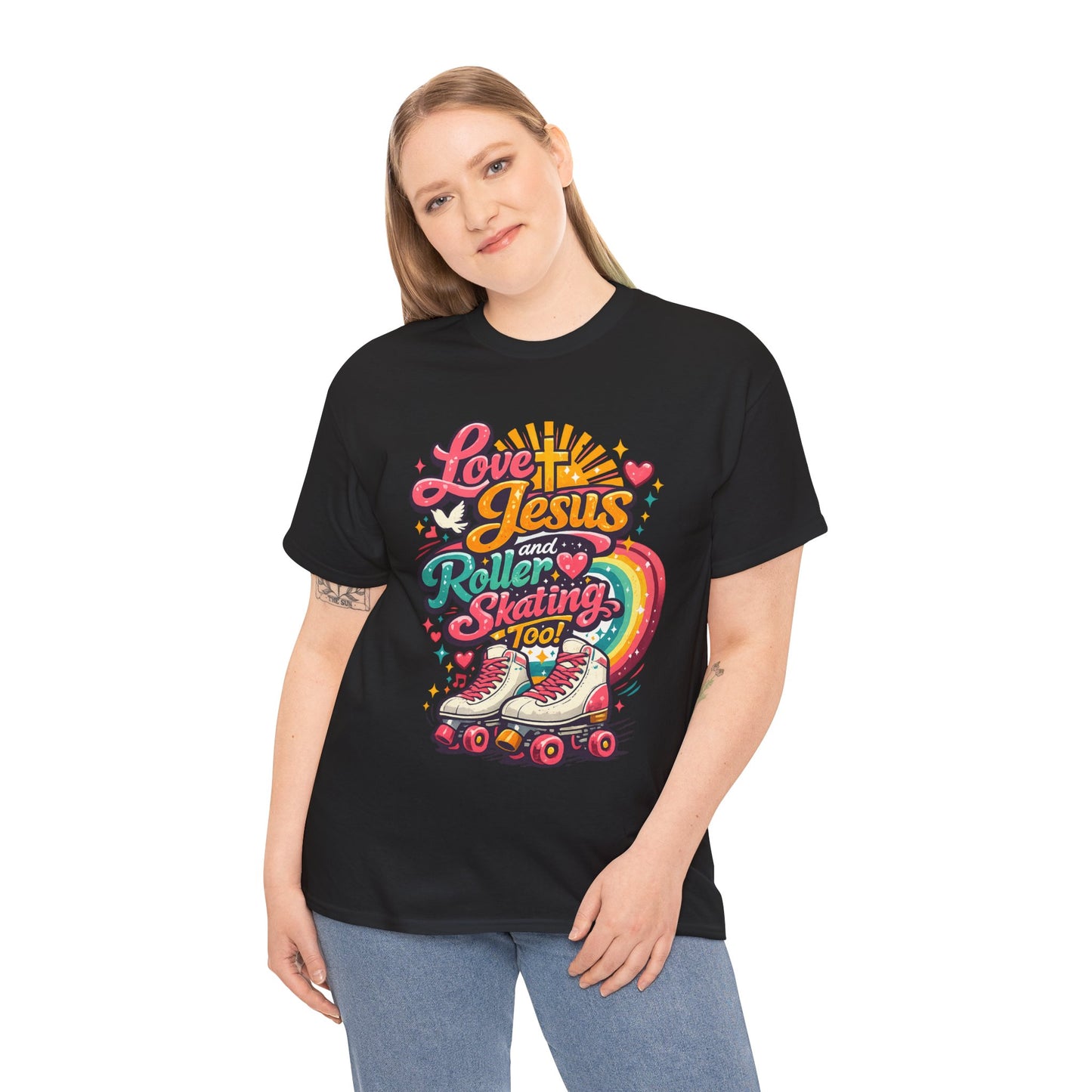 Love Jesus and Roller Skating T-Shirt, Retro Graphic, Rainbow Roller Skates Christian Tee