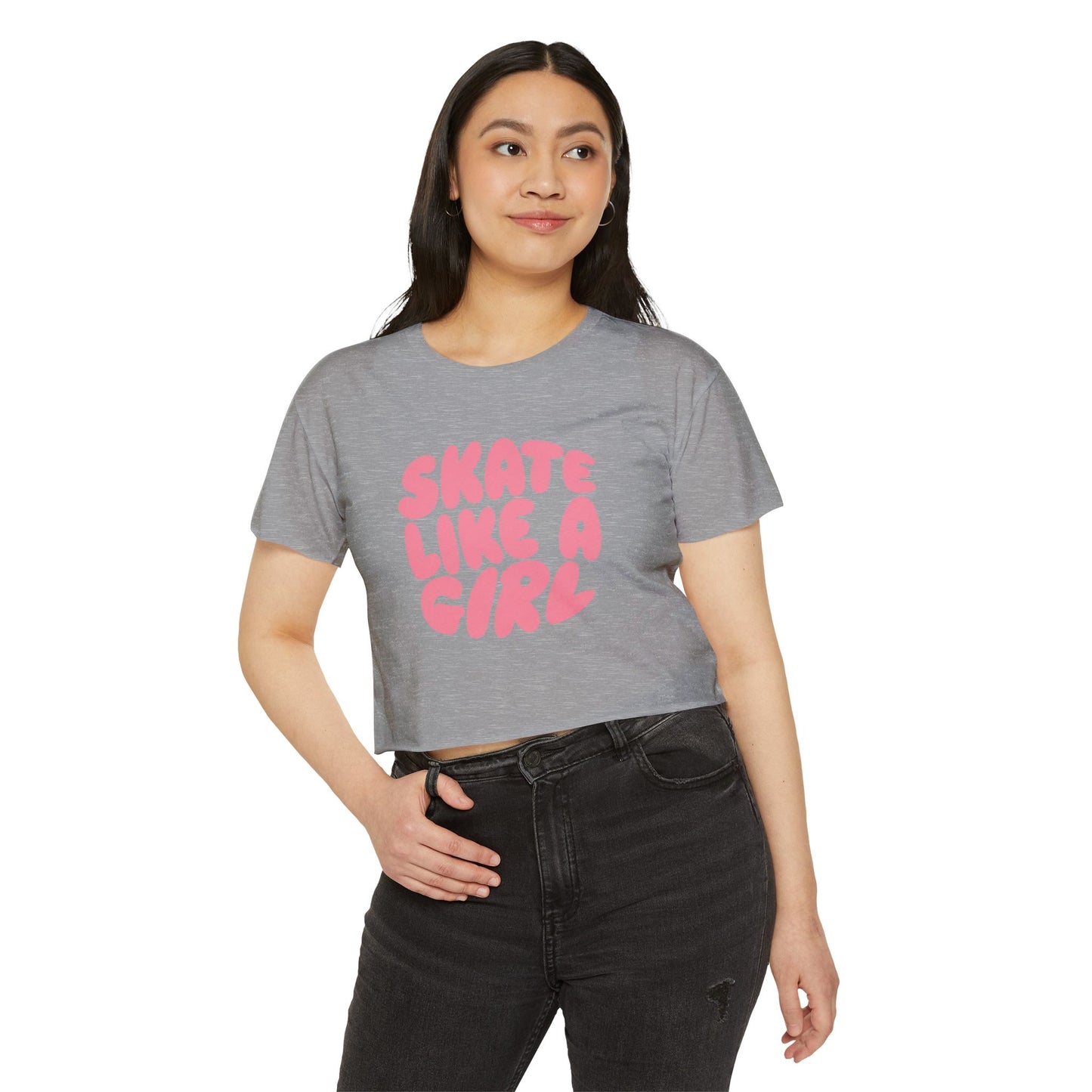 Women's Roller Skating Crop Top T-Shirt - Skate Like a Girl - Bubble Letter Graphic Tee
