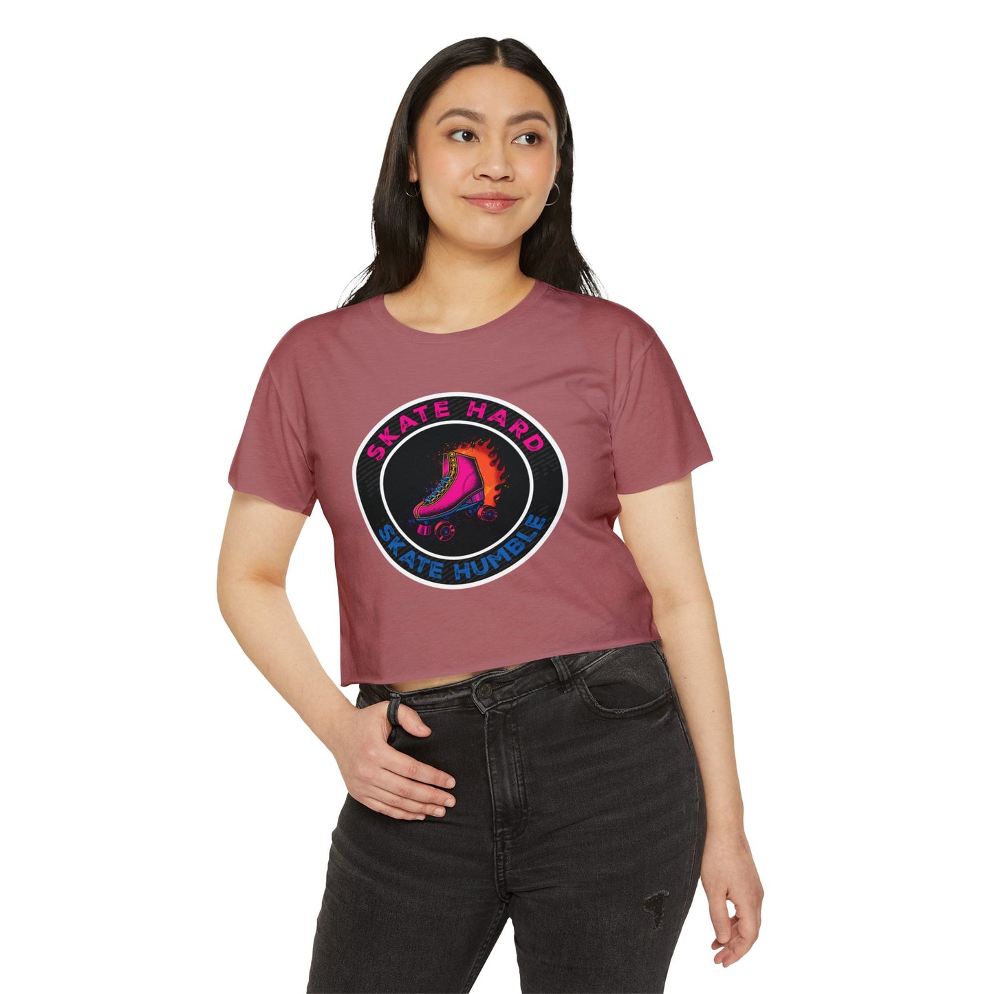 Women's Crop Top Roller Skating T-Shirt - Skate Hard Skate Humble - Graphic Streetwear, Party, Casual Tee