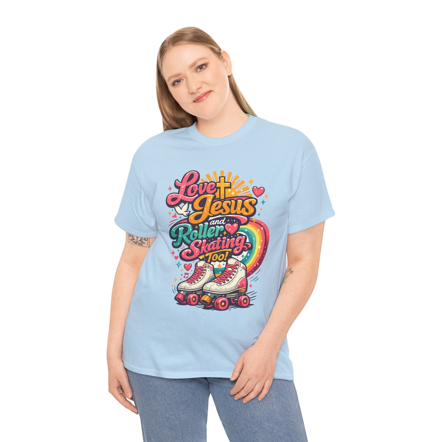 Love Jesus and Roller Skating T-Shirt, Retro Graphic, Rainbow Roller Skates Christian Tee