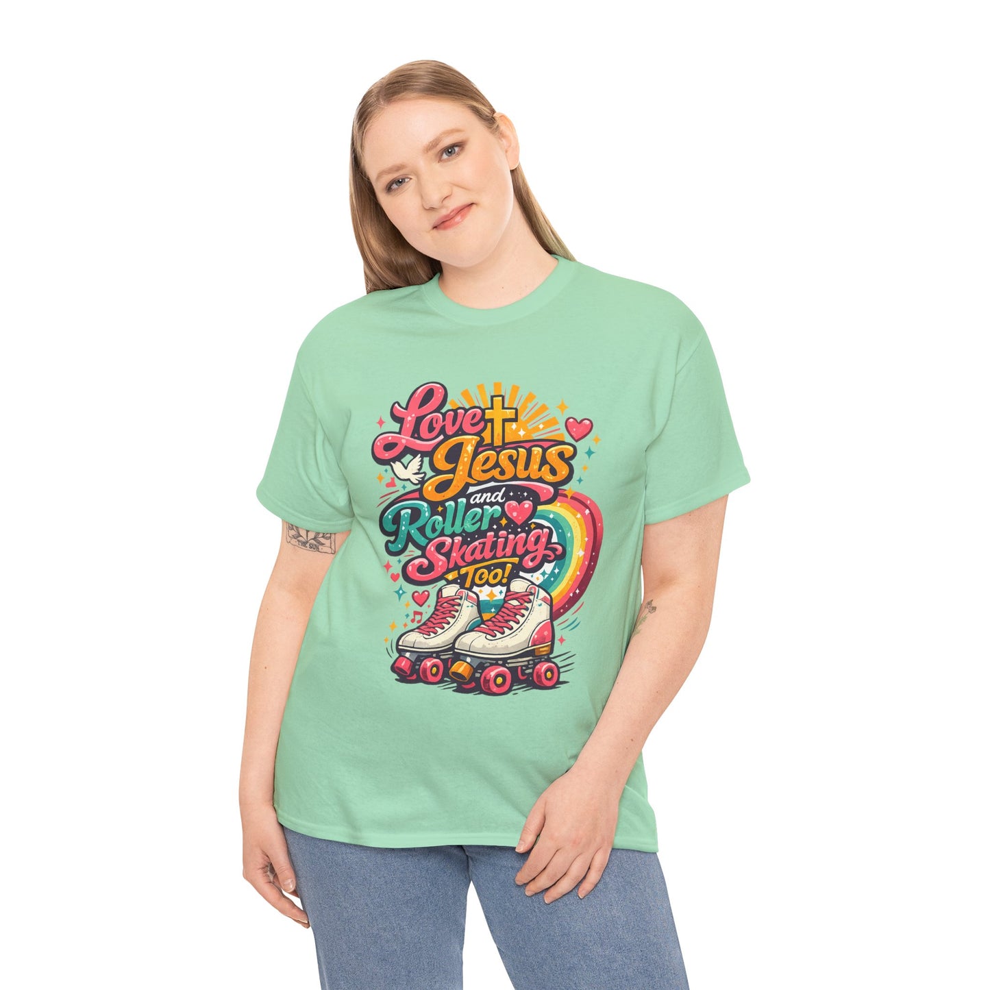 Love Jesus and Roller Skating T-Shirt, Retro Graphic, Rainbow Roller Skates Christian Tee