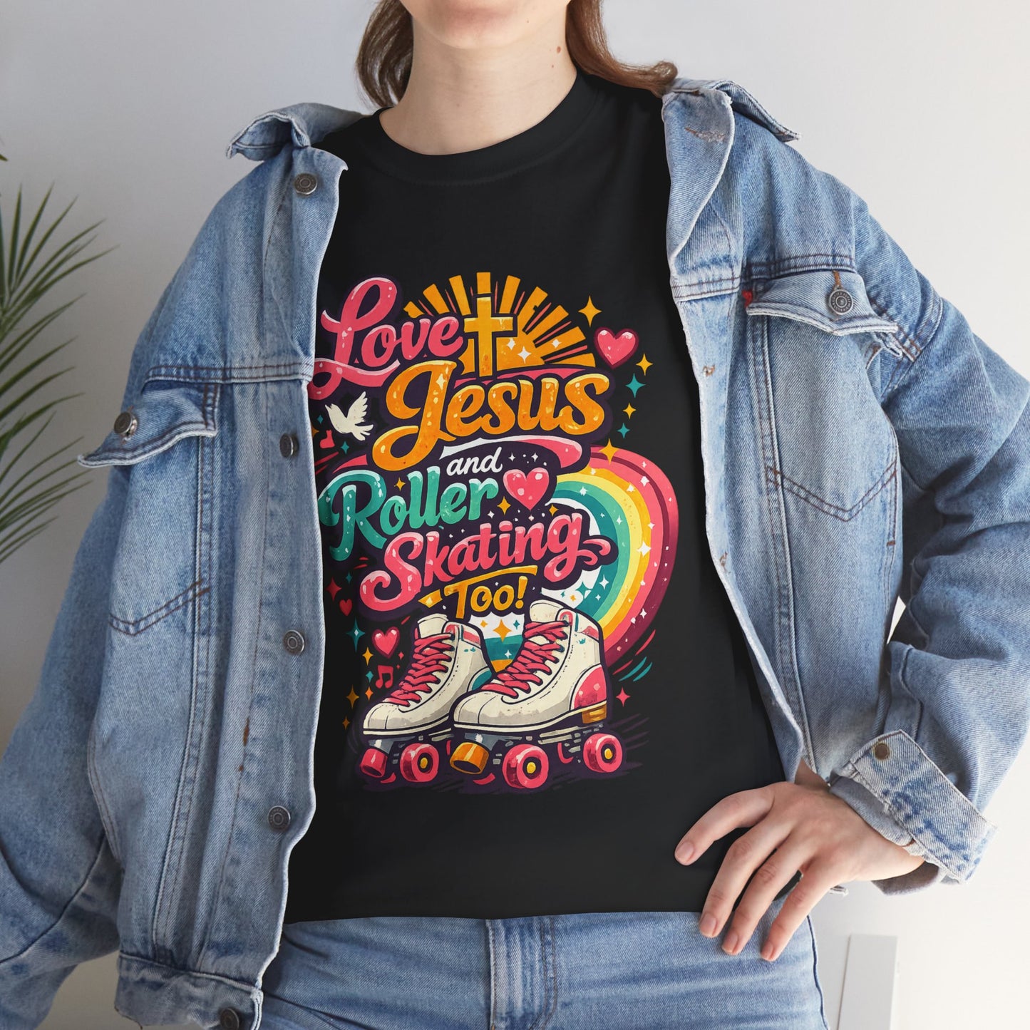 Love Jesus and Roller Skating T-Shirt, Retro Graphic, Rainbow Roller Skates Christian Tee