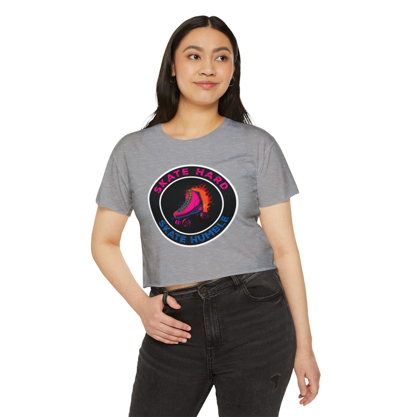Women's Crop Top Roller Skating T-Shirt - Skate Hard Skate Humble - Graphic Streetwear, Party, Casual Tee