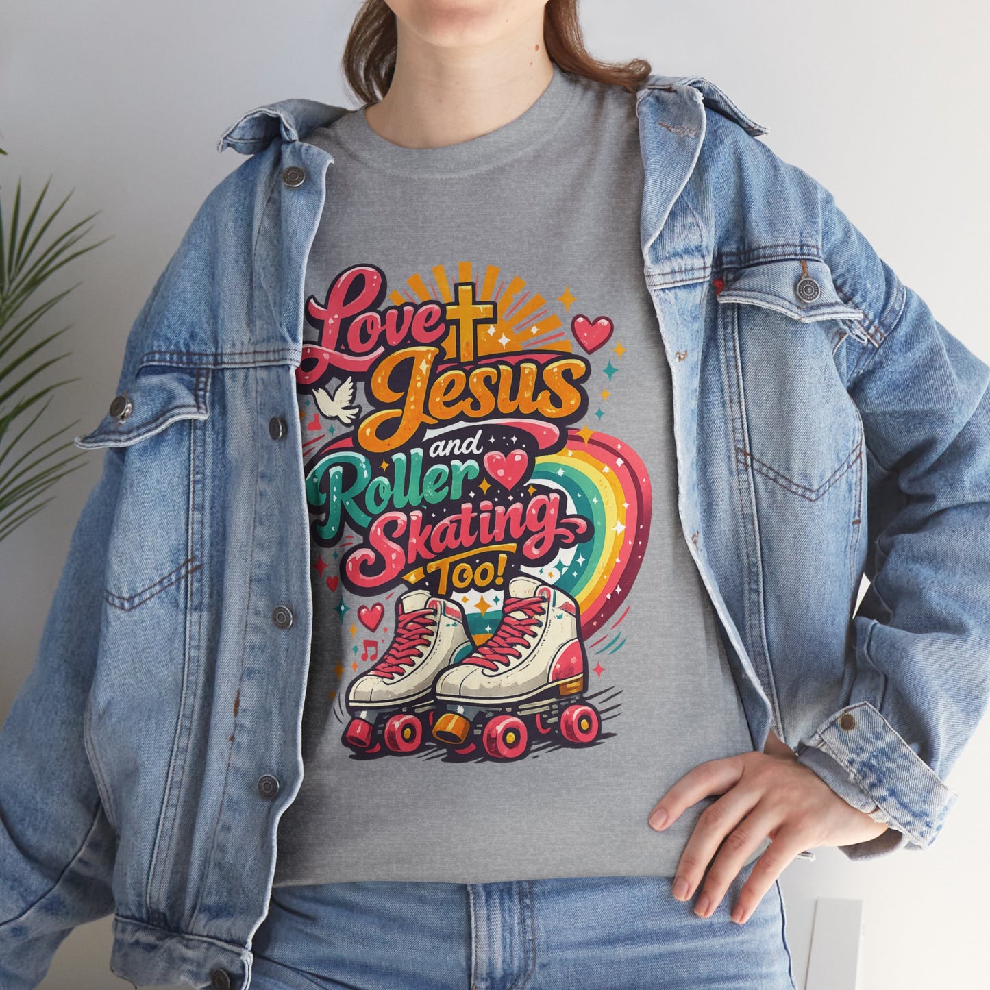 Love Jesus and Roller Skating T-Shirt, Retro Graphic, Rainbow Roller Skates Christian Tee