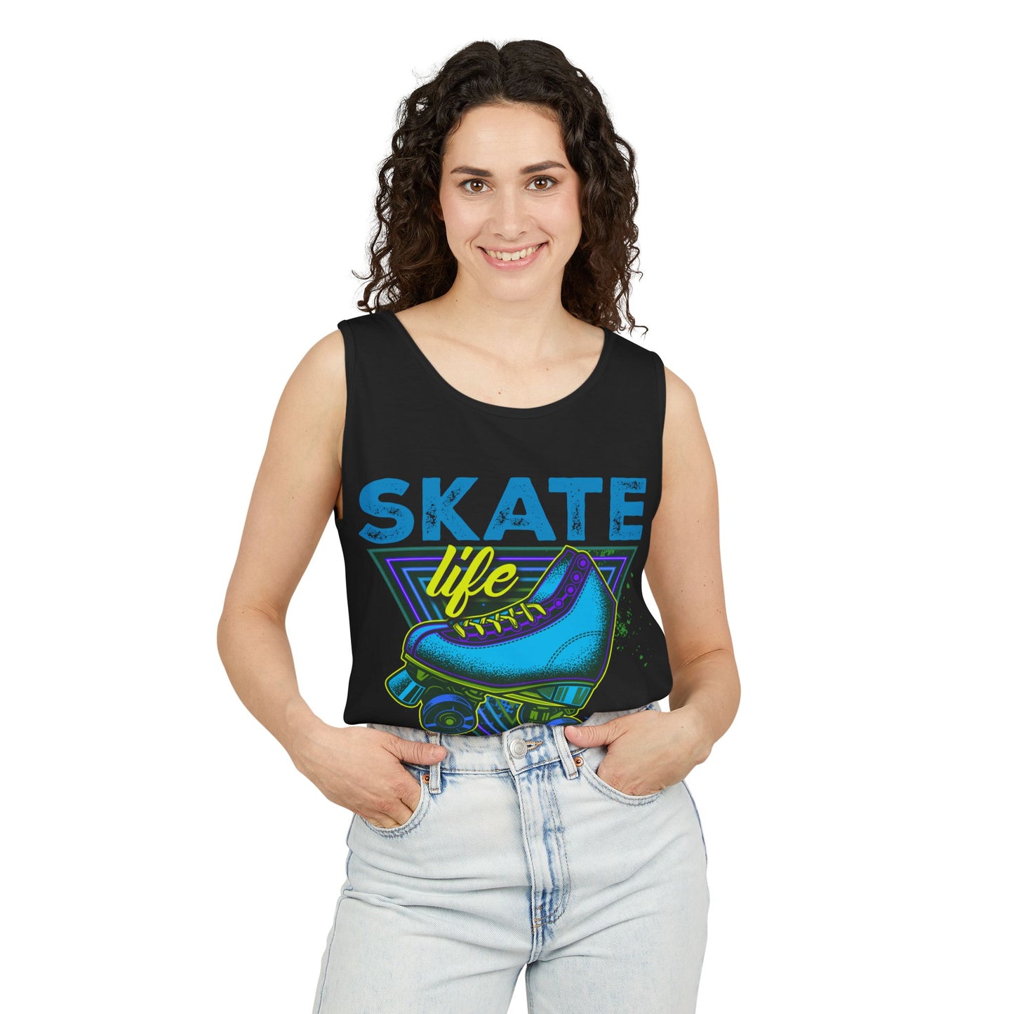 Adult Roller Skating Tank Top - Skate Life - Blue Graphic Tee for Skaters - 80s Vintage Style
