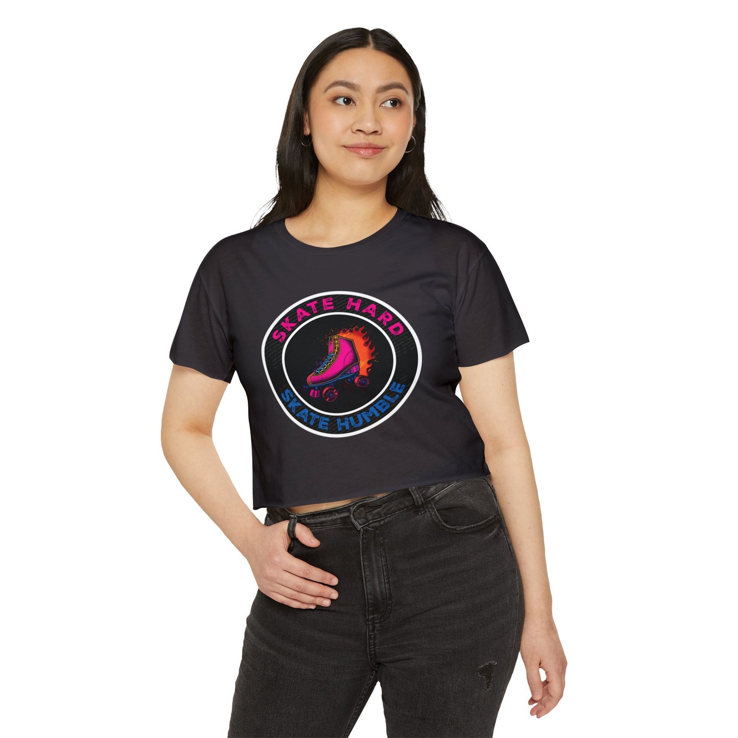 Women's Crop Top Roller Skating T-Shirt - Skate Hard Skate Humble - Graphic Streetwear, Party, Casual Tee