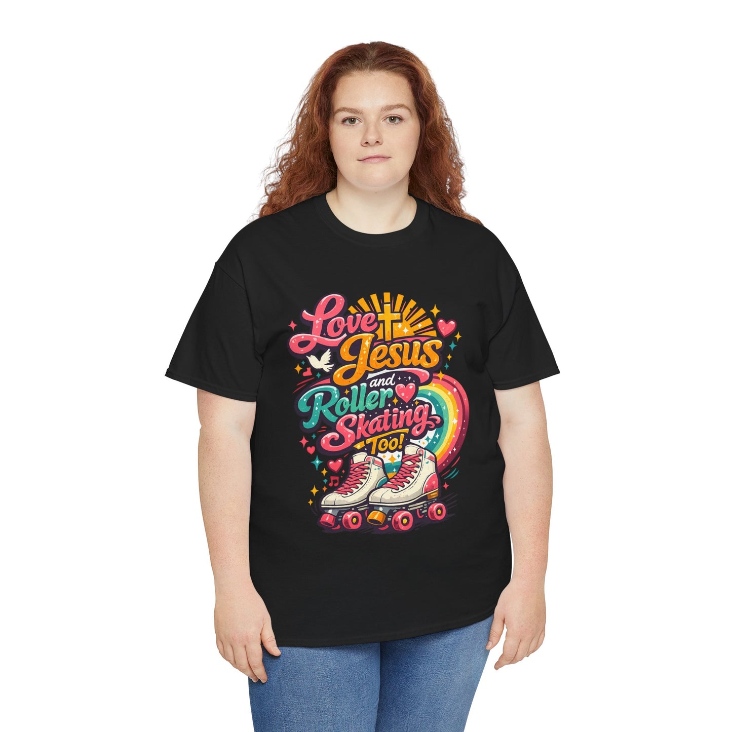 Love Jesus and Roller Skating T-Shirt, Retro Graphic, Rainbow Roller Skates Christian Tee