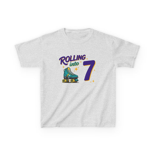 Kid's  "Rolling Into 7" Birthday T-Shirt for 7 Year Old Child, Roller Skating Tee